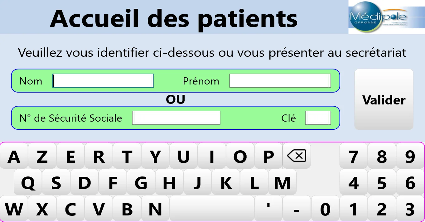 Capture d'écran de l'interface d'accueil patient sur tablette