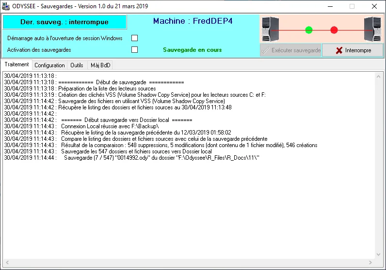 Capture d'écran de l'interface de sauvegarde agréée HDS Odyssée