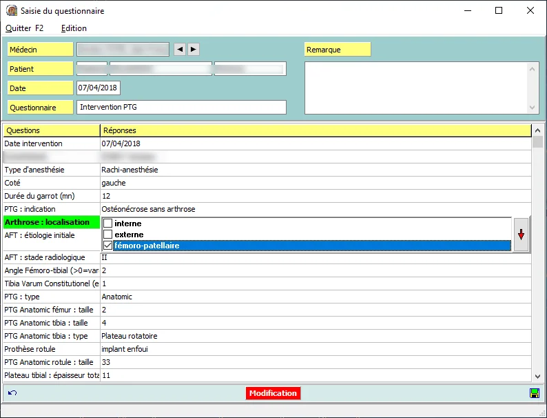 Capture d'écran de l'interface questionnaires patient Odyssée