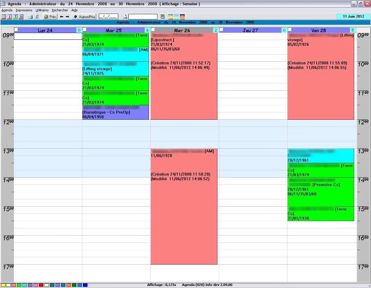 Capture d'écran de l'agenda Odyssée vue hebdomadaire